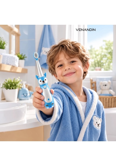 Venandın Pofidik Sevimli Geyik Tasarımlı Çocuk Sonic Elektrikli Diş Fırçası Usb Şarjlı - Yumuşak Kıl