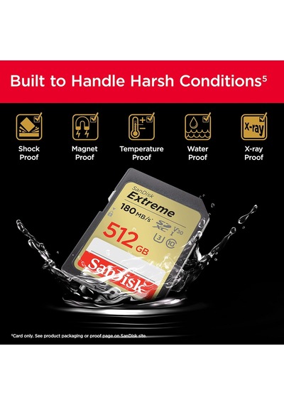 Extreme Sdxc Uhs-ı Hafıza Kartı 512 Gb V30, 180 Mb/s Aktarım, U3, 4k Uhd Videolar, Quickflow Teknolojisi, Su Geçirmez, Darbeye Dayanıklı, Isıya Dayanıklı