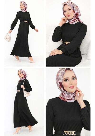 Hira Life Fashion Kadın Gold Zincir Kemer Detaylı Bisiklet Yaka Ve Tesettür Giyim Burgu Elbise Siyah Siyah Hira Life Fashion Kadın Gold Zincir Kemer Detaylı Bisiklet Yaka Ve Tesettür Giyim Burgu Elbise Siyah Siyah