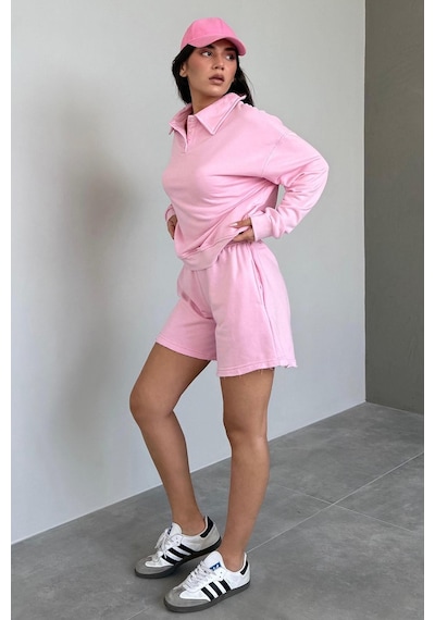 Madmext Pembe Polo Yaka Kadın Şort Sweatshirt Takım Mg2375