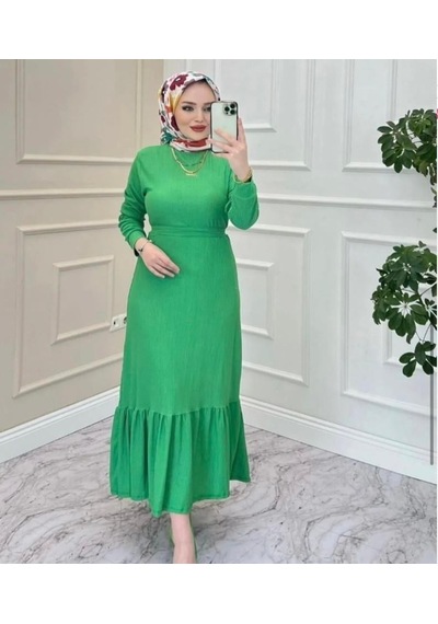Lovie Moda Kadın Eteği Volanlı Elbise Yeşil