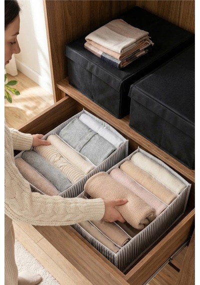 2'li Akordiyon Gri Çizgili Kumaş Çekmece İçi Düzenleyici Organizer 24x37x18 Cm Polyester 35 X 15 Gri Diğer