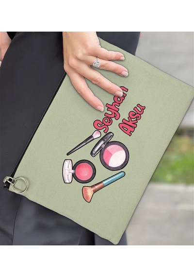 Bk Gift Kişiye Özel İsimli-1 Astarlı Mint Yeşili Portföy Çanta 30x21cm, Baskılı El Çantası, Organizer Çanta