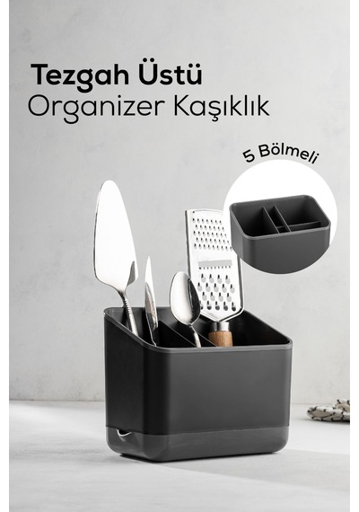 Vienev Tezgah Üstü Kaşık Düzenleyici 5 Bölmeli Organizer Kaşıklık Antrasit