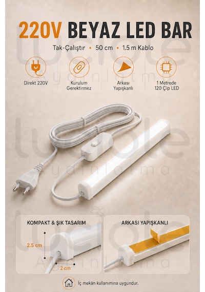 220v Beyaz Led Bar 50 Cm Fişli Anahtarlı Yapışkanlı Tezgah Altı Dolap İçi Aydınlatma