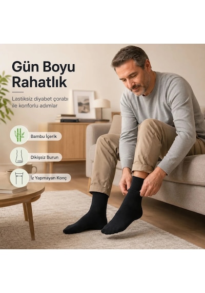 Bambu Diyabet Çorabı Lastiksiz Dikişsiz Burun Siyah Uzun Konç Hassas Ayaklar İçin
