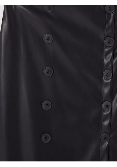 Lcw Vision Siyah Düğme Detaylı Yırtmaçlı Deri Görünümlü Etek