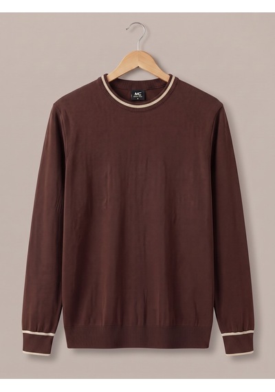 Maccali Erkek Koyu Kahve Kontrast Şeritli Bisiklet Yaka Triko Sweatshirt