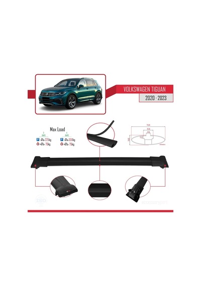 Volkswagen Tiguan 2020-2023 Arası İle Uyumlu Fly Model Ara Atkı Tavan Barı Siyah 3 Adet Bar