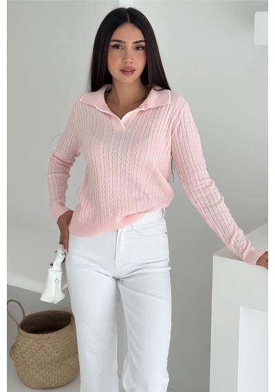 Femelle Kadın Pembe Polo Yaka Standart Beden Triko Bluz