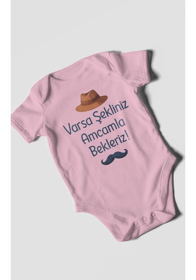 Morivokids Varsa Şekliniz Amcamla Bekleriz Kısa Kollu Bebek Body %100 Pamuk Koyu Pembe