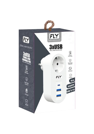 Fly 3400 01 Akım Korumalı 1 Li Priz 2 Usba 1 C Soket 2 1a 10a 2500w