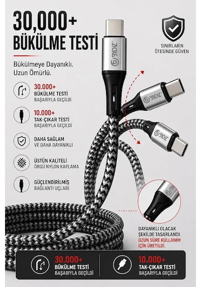 Bydiz Premium Örgülü Usb-c - Usb-c 60w Hızlı Şarj Kablosu, 1,5 M, Pd Destekli Type-c Kablo, İphone 15/16/17 Serisi, Galaxy S23/s24/s25, İpad, Macbook, Xiaomi Uyumlu, Siyah