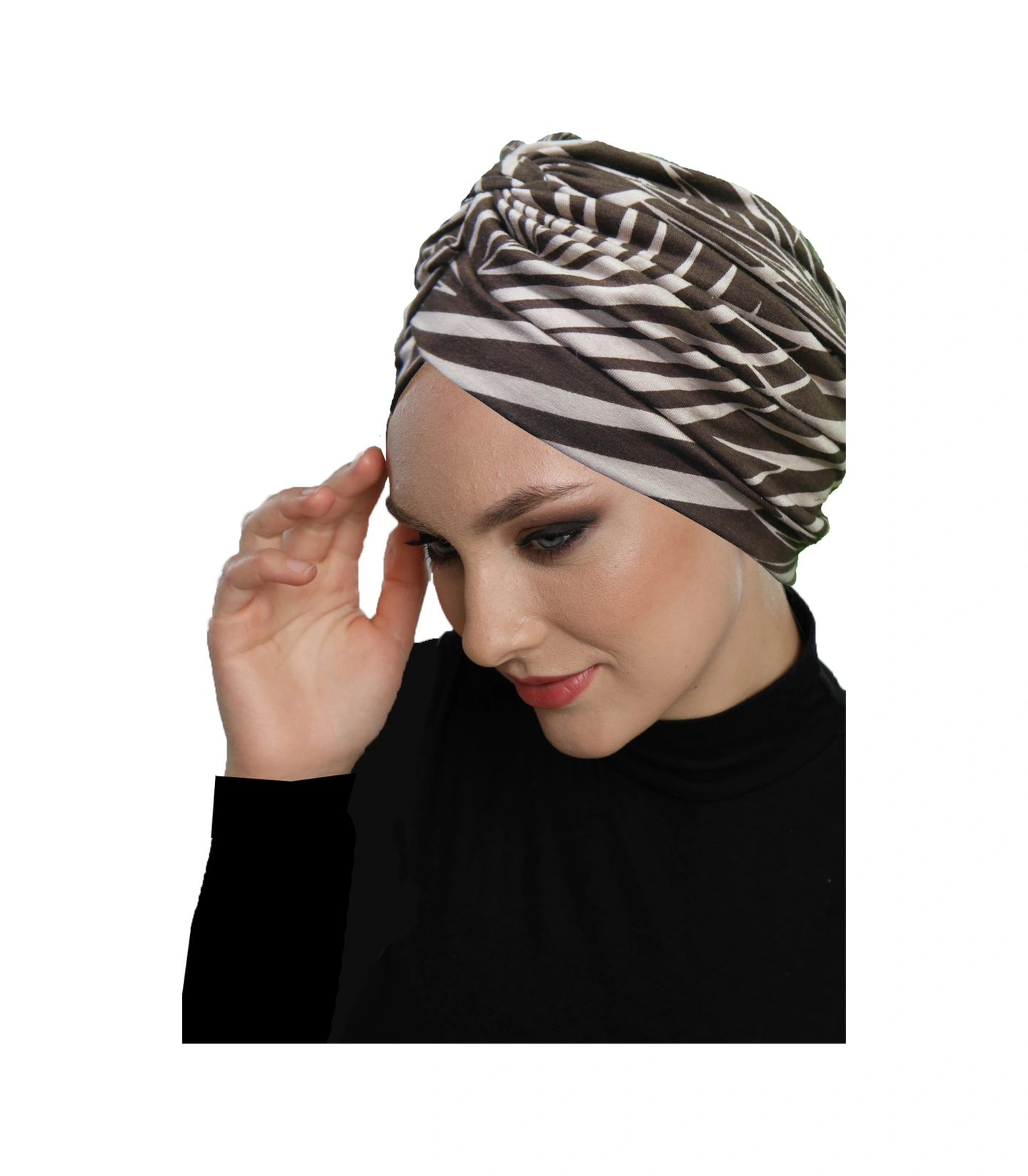 Elysianfidan Zebra Luxe Desenli Çapraz Ve Bant Detaylı Astarlı Hazır Türban Tesettür Havuz Bonesi Kahverengi-bej
