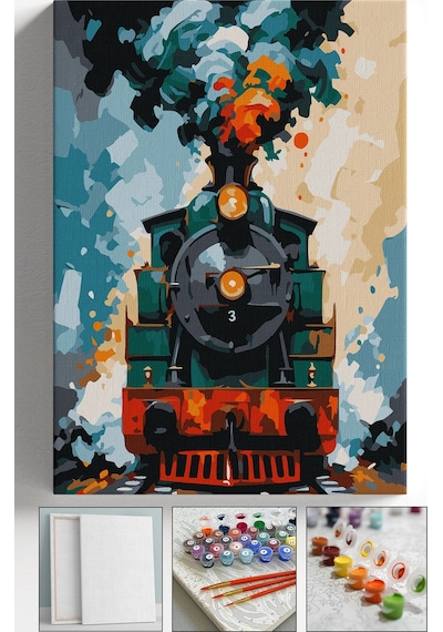 Sayılarla Boyama Seti Numaralı Tuval Fırça Boya Askı Aparatı Dahil Set 40x50 Cm - Kara Tren