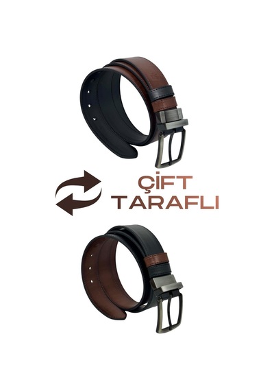 Süzer Deri Kahverengi / Siyah Çift Taraflı Suni Deri 4 Cm. Genişlik Dönerli Tokalı Spor Erkek Kemer - 7110-13 Kahverengi