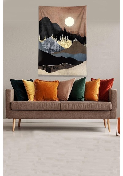 Pelangi Bej Ay Tutulması Leke Tutmaz Kadife Kumaş Duvar Örtüsü Duvar Halısı Tapestry Dwll317, 140 X 140 Çok Renkli