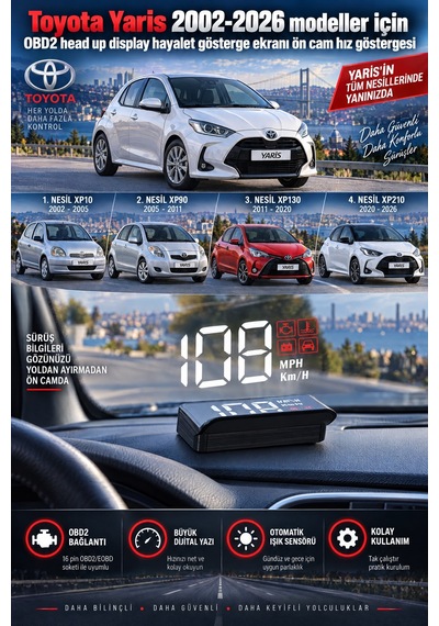 Toyota Yaris 2002-2026 Modeller İçin Obd2 Head Up Display Hayalet Gösterge Ekranı Ön Cam Hız Göstergesi