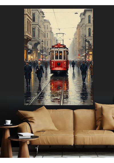 Ahşap Tablo Yağmurlu Kırmızı Tramvay Sokak