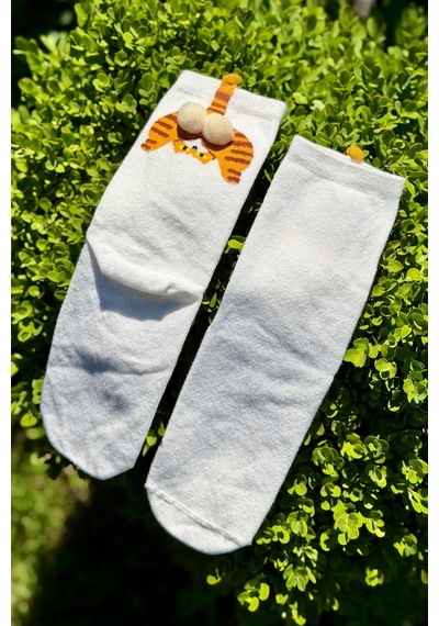 Lousocks Unisex Bej Krem Kedi Desenli Ponpon Soket Çorap