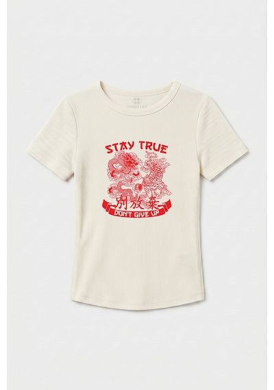 TOMMYLIFE Ekru Standart Fit Baskılı Kısa Kollu Kadın T-shirt - 97201