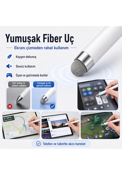 Honor Pad 9 İle Uyumlu Çift Uçlu Dokunmatik Kalem Disk Fiber Uç Beyaz