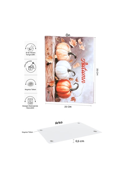 Makri Home Sonbahar Desenli Cam, Kesme Tahtası, 25 35 Cm Gri