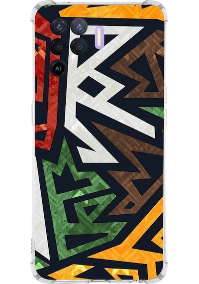Oppo A94 Uyumlu Köşe Korumalı Soyut Grafiti Tasarımlı Şeffaf Silikon Kılıf Şeffaf