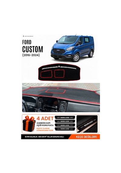 Ford Transit Custom 2016-2024 Uyumlu Torpido Örtüsü, Torpido Kılıfı - Siyah Kırmızı