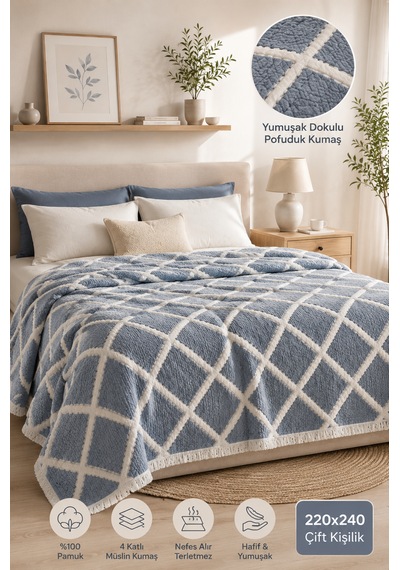 Premium Geometrik Kare Desenli %100 Pamuk Müslin Çift Taraflı Yatak Örtüsü Pike 220x240 Çift Kişilik İndigo