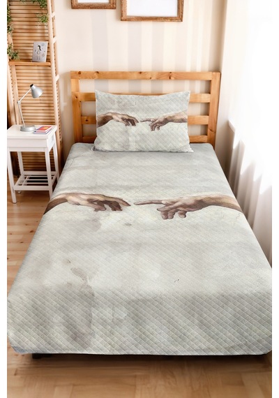 Sanatsal Dokunuş Genç Odası Tek Kişilik Pike Takımı - Adem'in Yaratılışı 160x220 Cm Yatak Örtüsü Naif Sepet Demi