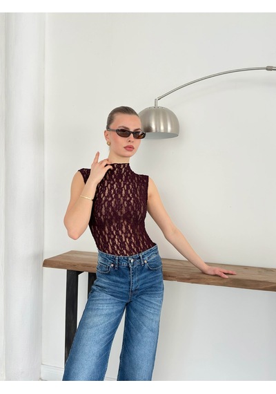Verymoda Sıfır Kol Dantel Bluz D2750 Bordo