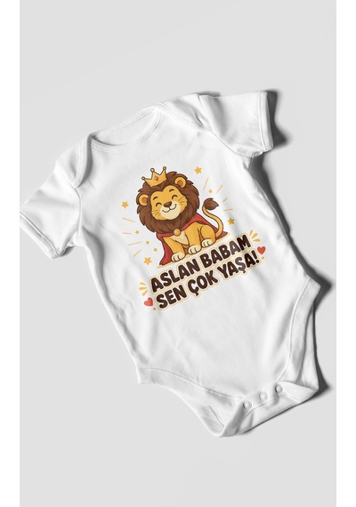 Morivokids Aslan Babam Sen Çok Yaşa Kısa Kollu Bebek Body %100 Pamuk Beyaz