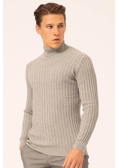 Ateş Triko Erkek Balıkçı Yaka Slim Fit Fitilli Triko Kazak 6091288 Gri