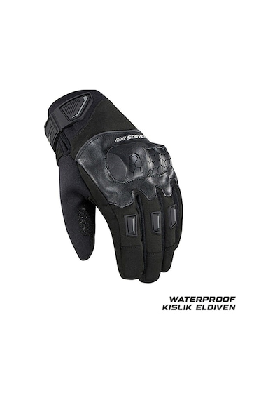 Motoanl Motosiklet Kışlık Eldiven Waterproof Oxford Ve Deri Kumaş Premium Motor Korumalı Eldiveni Siyah