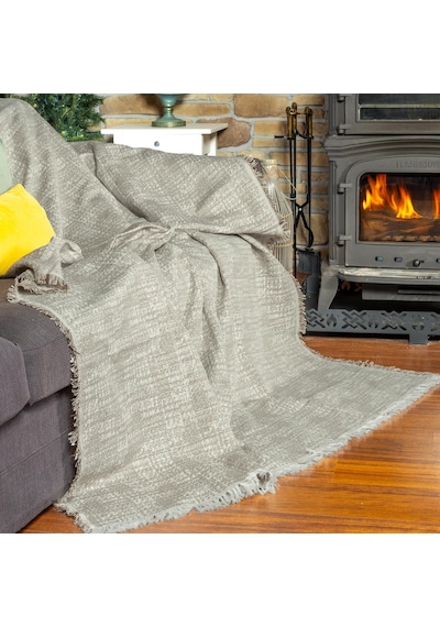 Purecot Premium Pamuklu Püsküllü Koltuk Örtüsü 180x300 Large Çift Taraflı Terletmez Kaymaz Açıkkahve Kahverengi