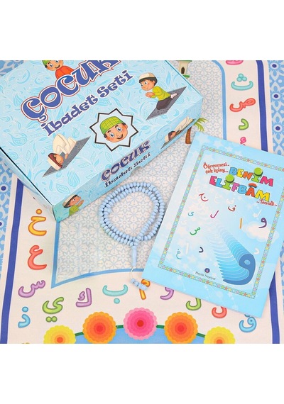 Çocuk Seccadesi Ve Eğitici Kitabı Namaz Seti - Mavi 45x82 Cm - 110 Gr - Tesbih Çok Renkli