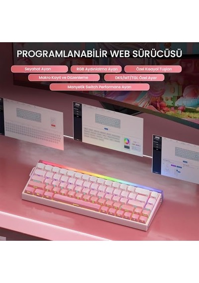 Hero 68 He Manyetik Klavye Trigger Switch 8000hz Rgb Neon Tkl Hot Swap Oyuncu Klavyesi Pembe