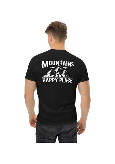 Wildstyle Mountains Are My Happy Place Dağcı Doğa Kamp Baskılı Unisex Pamuklu Tişört Siyah