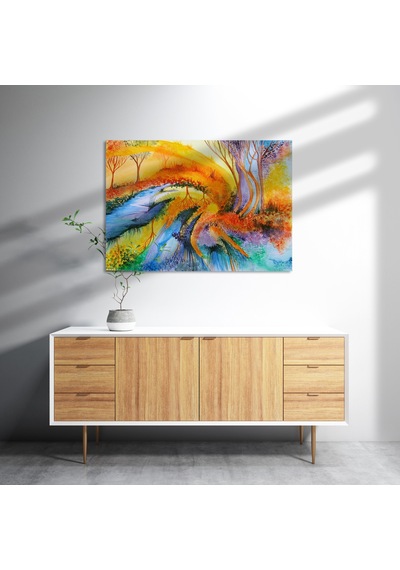 Cakasepetim Soyut Sanat Ağaç Nehir Turuncu Mavi Görsel Ahşap Mdf Tablo
