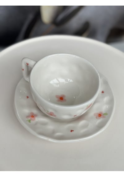 Şekilsiz Floral El Yapımı Seramik Bardak & Altlık Seti 300 Ml Çok Renk