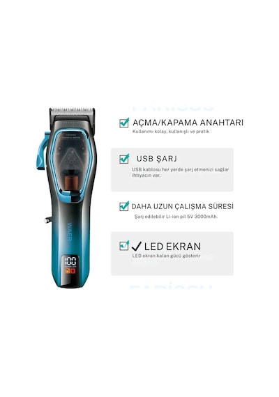 Waer Wa-0222 Profesyonel 9000 Rpm Manyetik Motorlu Saç Kesme Makinesi 3 Saat