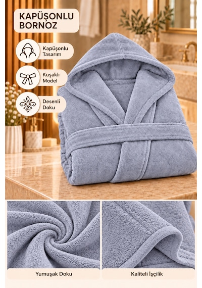 Kapüşonlu Unisex Rashell Bornoz Cepli Yumuşak Dokulu Gri