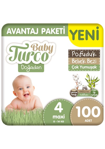 Baby Turco Doğadan Avantaj Paketi Pofuduk Bebek Bezi 4 Numara Maxi 100 Adet