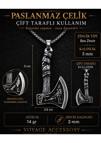 Paslanmaz Çelik Iskandinav Norse Gotik Tarz Viking Balta Erkek Kolye Antik Gümüş
