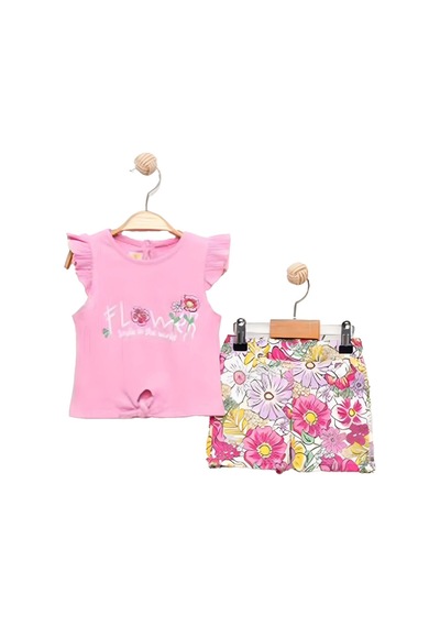 Miniğimin Cicileri Flower Renkli Baskılı Kız Çocuk Şortlu Takım - Pembe
