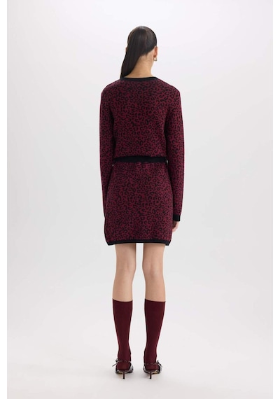 DeFacto A Kesim Leopar Desenli Mini Triko Etek D8516AX24WNBR115 Bordo