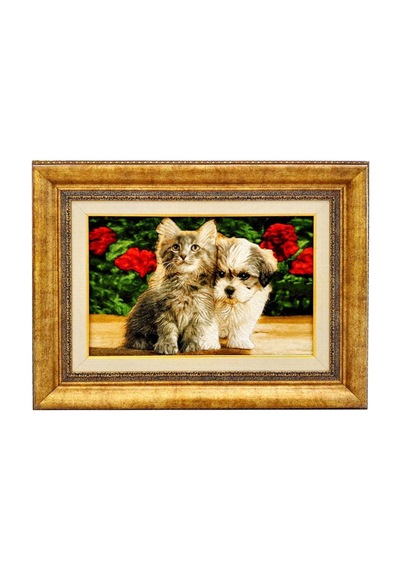İran El Dokuması Tablo Halı Kedi & Köpek Ebat : 58cm X 38 Cm Çok Renkli