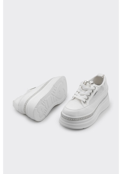 Derinet Yüksek Taban Bağcıklı Kadın Sneaker Beyaz Beyaz