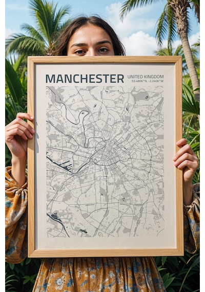 Manchester İngiltere Haritası Çerçeveli Tablo Lüks Salon Ofis Duvar Dekorasyonu Hediyelik Tablo Kayın